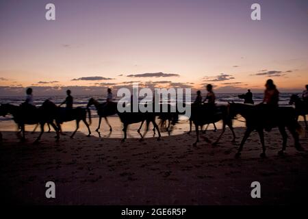 Silhouetted horse riders on the beach at sunset Stock Photo