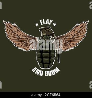 military illustration design, a grenade that has wings, and also a flying logo and boom Stock Vector