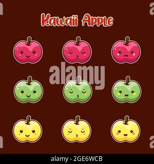 CUTE KAWAII APLLE CHARACTER FOR ICON, LOGO, STICKER AND ILLUSTRATION Stock Vector