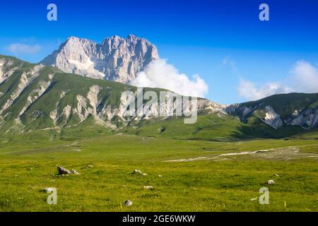 View of the highest mountain in the Apennines, the Gran Sasso d'Italia Europa Stock Photo