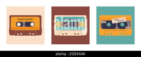 Set of covers for podcast show. Retro style and colors. Audio cassette with place for text. Vector EPS 10. Stock Vector