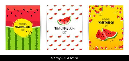 Postcards for Watermelon Day. Set of summer vertical posters Stock Vector