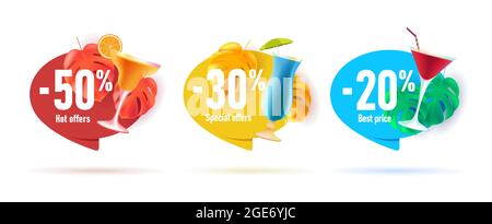 Set of beach bar cocktail discounts stickers or tags with 3d palm leaves and glass cocktails with percent off, isolated Stock Vector