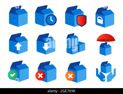 icon set box cardboard package delivery status e-commerce warehouse service open pack Stock Vector