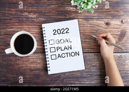 Hand holding pen with note pad with text Checklist 2022 Goal, Plan, Action on notepad Stock Photo