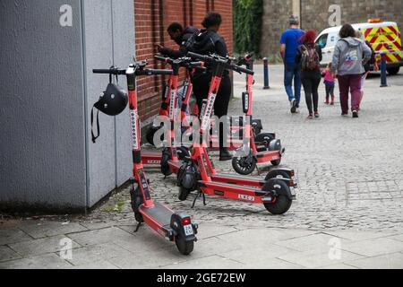 Bristol, UK. 15th Aug, 2021. VOI electric e-scooters parked in special parking zones in Bristol. Residents in the West of England including Bristol can hire e-scooters as part of a government trial. (Photo by Dinendra Haria/SOPA Images/Sipa USA) Credit: Sipa USA/Alamy Live News Stock Photo