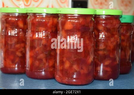 homemade plum jam in jars Stock Photo