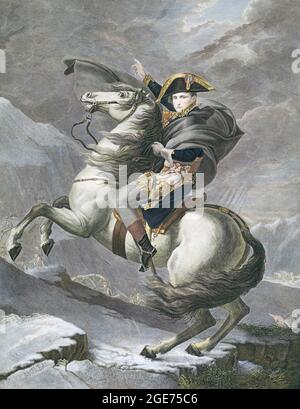 Napoleon crosses the Alps at the St. Bernard Pass.  Napoleon Bonaparte, 1769 – 1821. French statesman and military leader. Emperor of the French.  Engraving after an 1801 work by Jacques-Louis David.