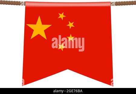 china national flags hangs on the ropes on white background. The symbol of the state in the pennant hanging on the rope. Realistic vector illustration Stock Vector