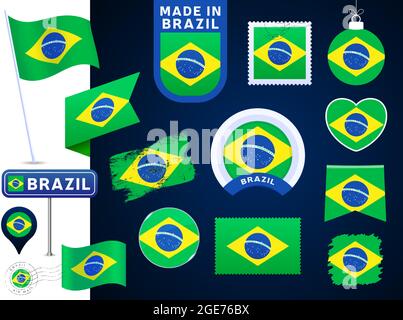 brazil flag vector collection. big set of national flag design elements in different shapes for public and national holidays in flat style. Post mark, Stock Vector