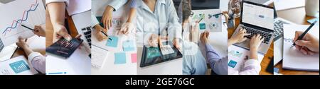 Composite image of photos of female hands during working day, business meeting. Using laptop, modern gadgets, notes. Workplace at office with PC Stock Photo