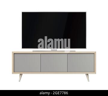 Modern tv cabinet and big tv with blank screen, isolated on white background Stock Photo