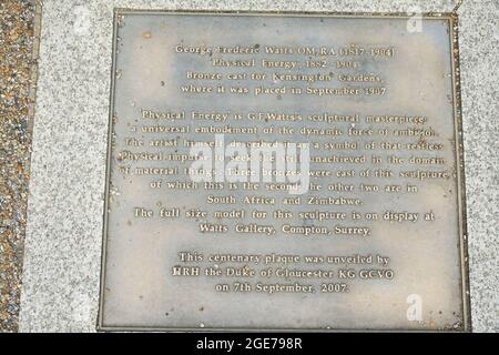 An information plaque on George Frederick Watts master piece  “Physical Energy” sculpture in Kensington Gardens, London, England, U.K Stock Photo