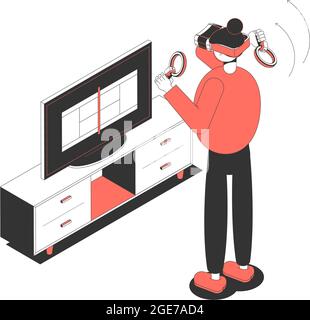 Isometric icon with character wearing virtual reality glasses and holding controls playing game vector illustration Stock Vector