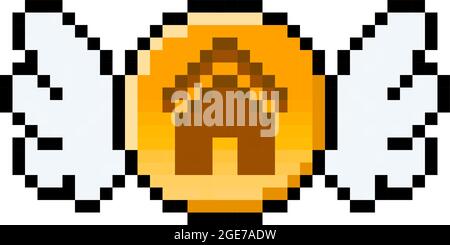 Pixel 8 bit housing coin with wings - vector, isolated Stock Vector