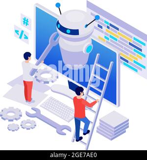 Characters fixing computer chatbot isometric icon 3d vector illustration Stock Vector