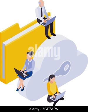 Remote management distant work isometric icons composition with people sitting with laptops with folder and key cloud vector illustration Stock Vector