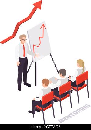Isometric soft skills concept icon with three characters listening to their mentor vector illustration Stock Vector