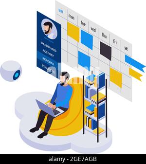 Remote management distant work isometric icons composition with bearded man sitting with laptop and calendar vector illustration Stock Vector