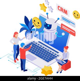 Isometric composition with chatbot on laptop people happy smiles on white background vector illustration Stock Vector