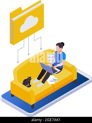 Remote management distant work isometric icons composition with woman sitting on sofa working with laptop vector illustration Stock Vector