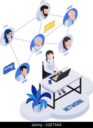 Remote management distant work isometric icons composition with woman sitting at table with remote workers flowchart vector illustration Stock Vector