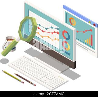 Marketing strategy icon with magnifier and growing bars on computer monitor isometric vector illustration Stock Vector