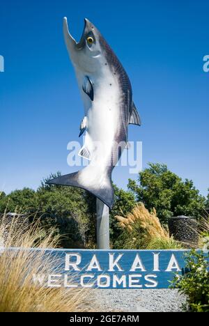 The 'Big Salmon' welcome sign, Rakaia, Canterbury, New Zealand Stock Photo