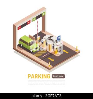 Parking garage entrance exit automatic sliding door ticket machine 2 cars isometric element web page vector illustration Stock Vector