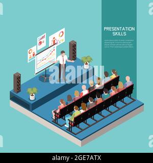 Soft skills isometric colored concept with presentation skills description and office meeting vector illustration Stock Vector