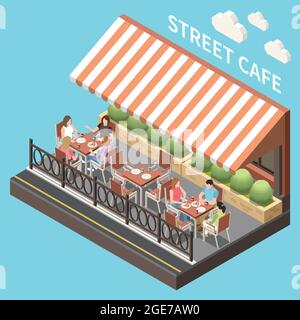 Colored and isometric street cafe terrace composition open summer terrace with guests vector illustration Stock Vector