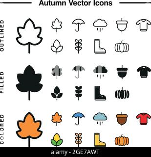 autumn vector icons with outlined, filled, and colored versions. one line and colorful autumn customizable vector icons. Stock Vector