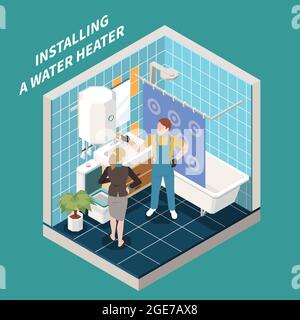 Colored and isometric 3 d plumber composition with installing a water heater description vector illustration Stock Vector