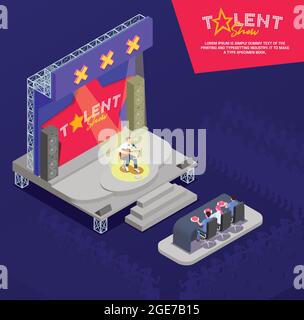 Man playing guitar and singing on stage at tv talent show isometric composition 3d vector illustration Stock Vector