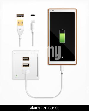 Usbport plug in charge realistic composition with set of isolated cable connectors ports socket and smartphone vector illustration Stock Vector
