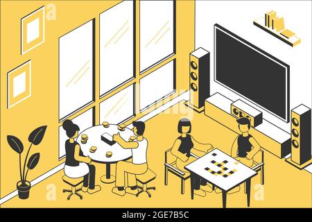 Two couples playing board games isometric room corner interior view with home cinema set vector illustration Stock Vector