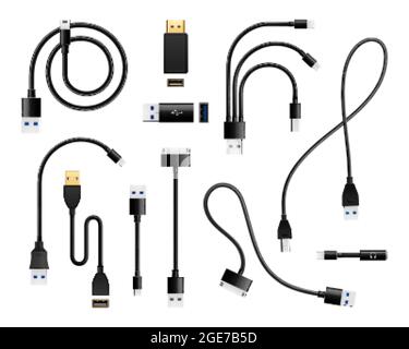 Usb types port plug in realistic connectors set of isolated icons and consumer wire connection images vector illustration Stock Vector