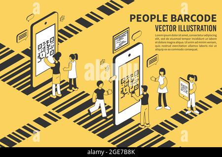 People with mobile phones scanning barcode 3d isometric vector illustration Stock Vector