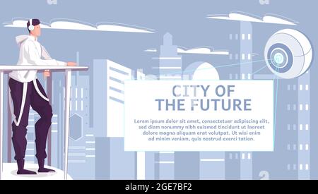 City of future flat background with teen looking at abstract futuristic object radiating light rays and flying over skyscrapers vector illustration Stock Vector