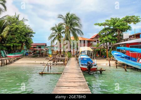 Boat landing dock on Carenero Island, right acros from Bocas Town in Bocas del Toro Province of Panama. Stock Photo