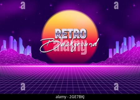 Realistic retro wave party horizontal poster with text background and virtual reality landscape with neon skyscrapers vector illustration Stock Vector
