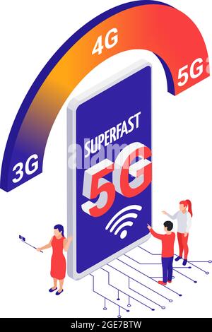 Superfast 5g internet concept with smartphone and people 3d isometric vector illustration Stock Vector