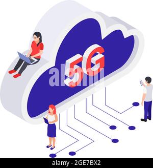 Isometric 5g internet cloud computing isometric concept with tiny people using devices 3d vector illustration Stock Vector