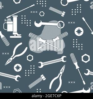 Vector seamless pattern Illustration Construction tools. Repair background. Pliers for gripping and manipulating, wrench, screwdriver, bolt, washer, n Stock Vector