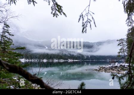 Mountain lake during winter in Eibsee, Bavaria Stock Photo