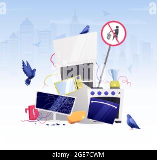 Broken household appliances gadgets waste flat composition with garbage mountain of broken things vector illustration Stock Vector