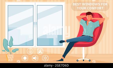 Room with new plastic windows and man relaxing in armchair flat advertising background vector illustration Stock Vector