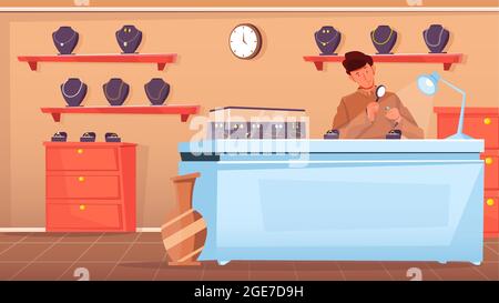 Shop assistant looking at ring through magnifying glass at jewelry shop flat vector illustration Stock Vector