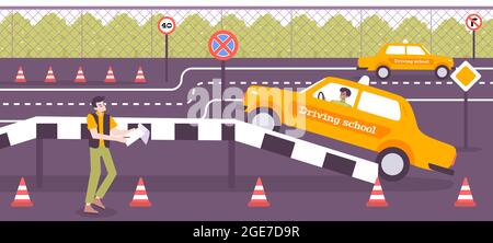 Driving school training background with practice symbols flat vector illustration Stock Vector