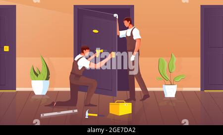 Two workers in uniform with drill installing door flat vector illustration Stock Vector